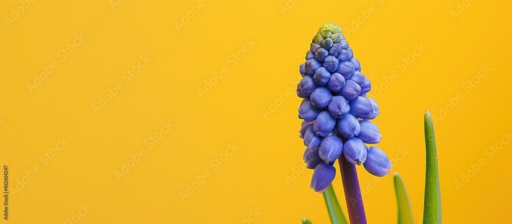 Poster a blue grape hyacinth flower contrasting a yellow backdrop, creating a vibrant spring copy space ima