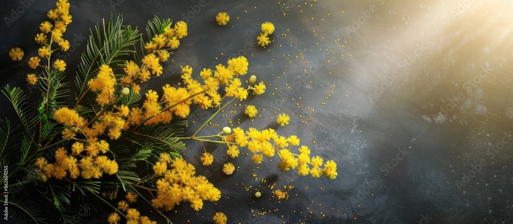 Fototapete A beautiful bunch of mimosa flowers against a dark backdrop with room on the left for text, suitable for a greeting card. Copy space image. Place for adding text and design