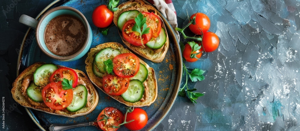 Poster Three Italian crostini served on a plate with tomatoes and cucumbers, accompanied by a cup of cocoa, all captured in a top-view image with copy space.
