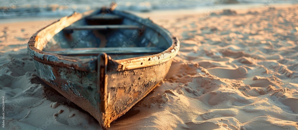 Poster close-up view of a boat on sand with copy space image.