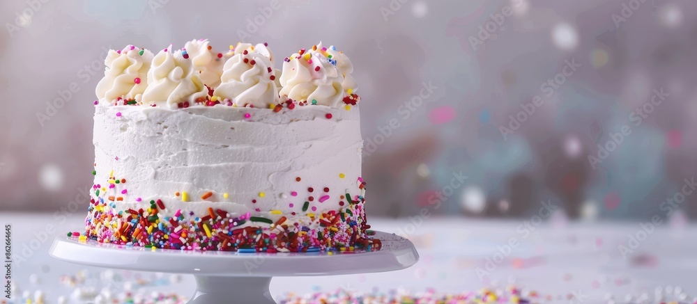 Poster white birthday cake with vibrant sprinkles on a backdrop with copy space image.