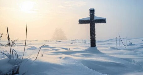 Ancient cross contrasted with a blanket of white snow in a calm, wintery scene