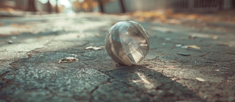 Transparent duct tape ball rests on the pavement floor, showing a smooth, shiny surface and offering ample copy space image. - Powered by Adobe