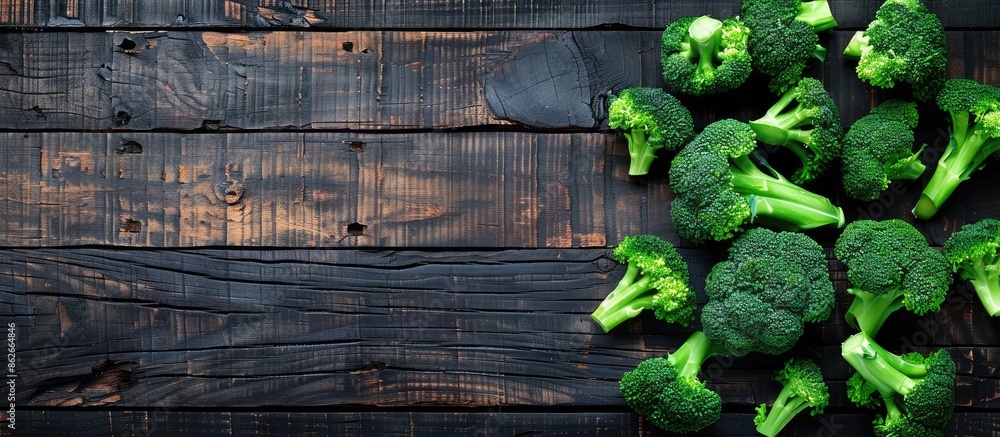Poster broccoli on a wooden backdrop with copy space image.