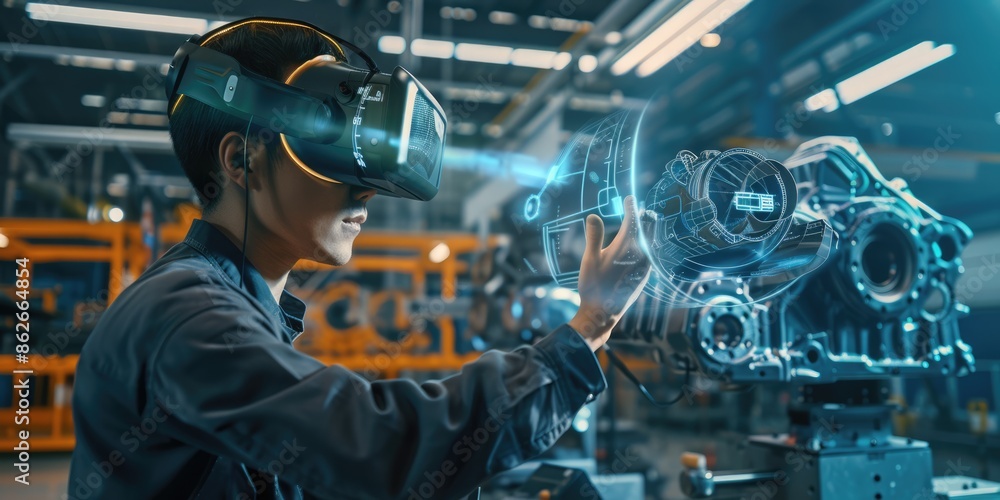 Poster smart industrial worker working and checking mechanic parts at production line in factory by using i