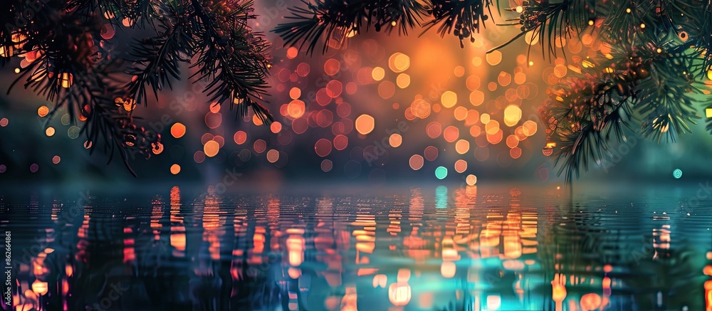 Poster colorful abstract bokeh background with tree reflections, ideal for adding text or graphics, featuri
