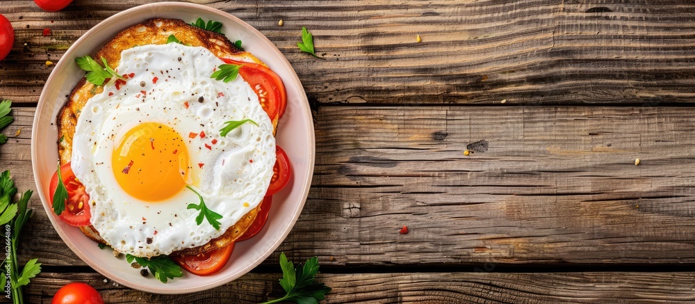 Aufkleber delicious fried eggs with veggies on a wooden table, top view with copy space image.