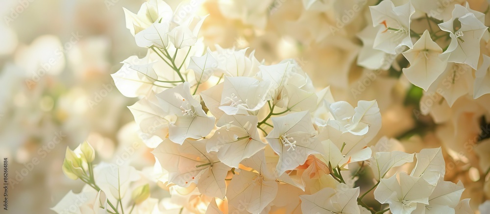 Poster Background of white to brown blooming bougainvillea flowers, creating a floral blur background with space for text. Copy space image. Place for adding text and design