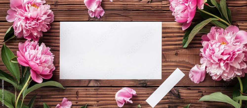 Poster rustic wooden surface adorned with white paper, pink peonies, and a copy space image - a perfect wor