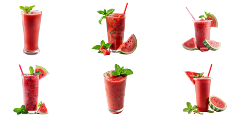 Watermelon juice in a glass with a straw and watermelons isolated on a white background, side view, in a flat lay.
