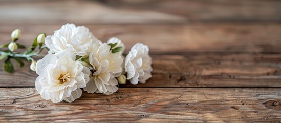 A white bouquet of plastic flowers displayed on a wooden table with copy space image.