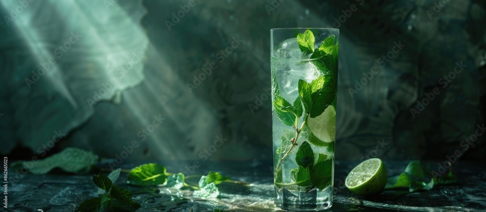 Poster large image featuring a glass with a mojito cocktail containing lime, mint, and ice, adorned with he