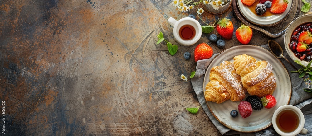 Aufkleber rustic-style image of a summer family breakfast featuring homemade puff pastry cake. portioned servi