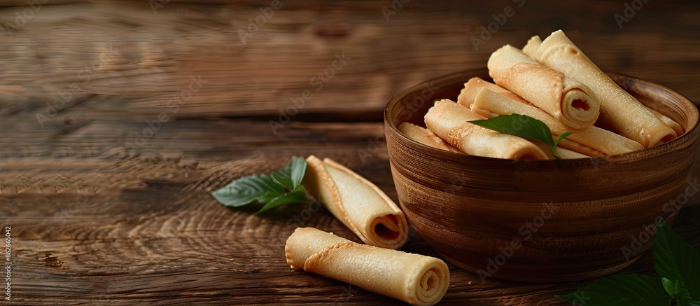 Leinwandbilder wooden table with a bowl of wafer rolls, perfect for adding text to the copy space image.