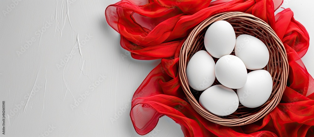 Aufkleber Basket filled with eggs adorned by red and white fabric on a white background creating a visually appealing composition with copy space image.