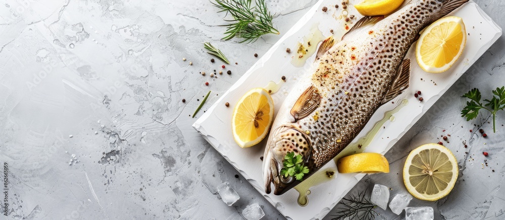 Leinwandbilder Trout with lemon and spices is displayed on a white stone board against a gray background with ample copy space image for text in a flat lay composition.