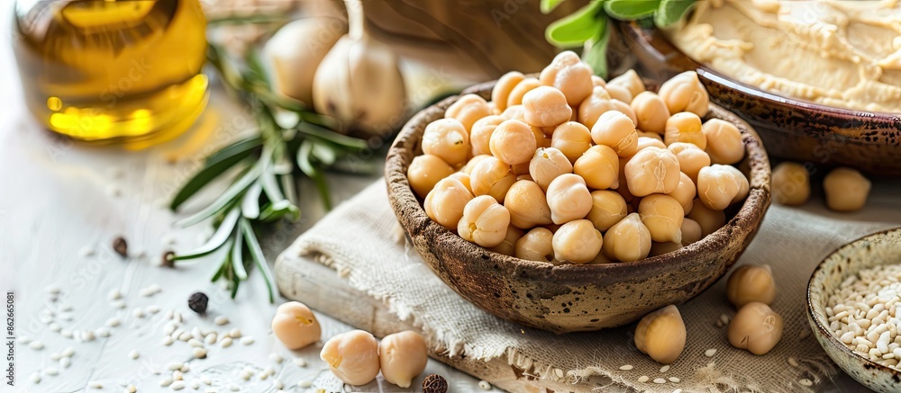 Poster ingredients for hummus including chickpeas and sesame seeds displayed on a white wooden table with a