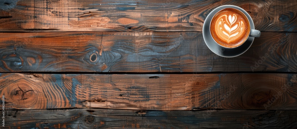Leinwandbilder Top view of latte art on a rustic wooden surface with space for text or other elements in the image. Copy space image. Place for adding text and design