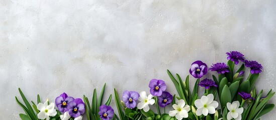 Obraz premium Purple and white spring flowers next to tall leaves with a copy space image available.