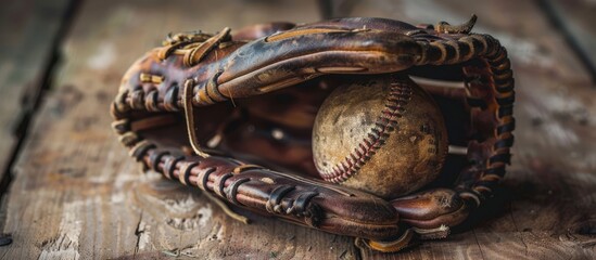 Closeup of a weathered baseball glove with an old ball on a wooden table displaying copy space image.