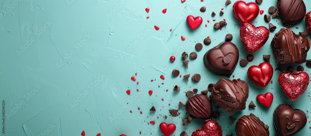 Fototapete Valentine-themed red and chocolate brown decorations on a mint background create an attractive border with space for text or images. Copy space image. Place for adding text and design