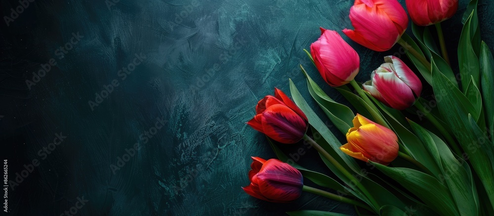 Poster colorful tulip flowers on a dark background top view with copy space image.