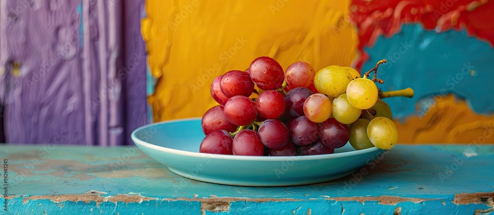 Aufkleber Grapes displayed on a blue plate with a vibrant wall in the background add a pop of color to the copy space image.