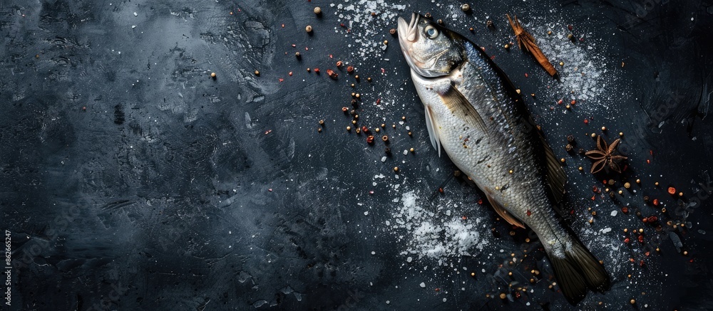 Poster sea bass fish garnished with spices on a dark concrete backdrop with a spacious area for adding text