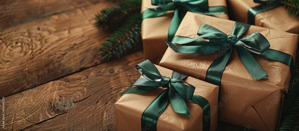 Poster gift boxes with a festive touch, wrapped in brown paper and tied with a green ribbon, presented in a