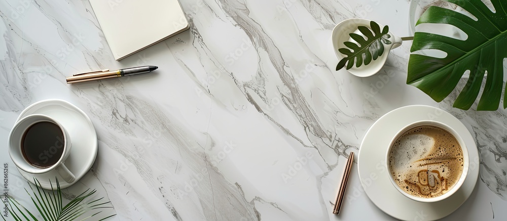 Poster create a flat lay image of a workspace desk with various items such as a notepad, knife, coffee cup,