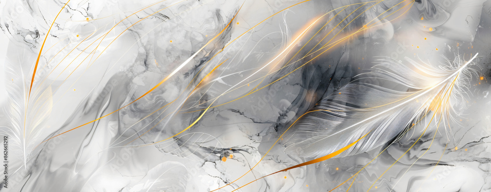 Poster abstract background with a marble texture and golden lines in the form of feathers.