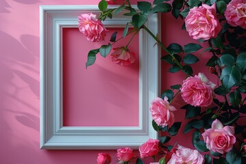 Pink Roses Framing a White Picture Frame