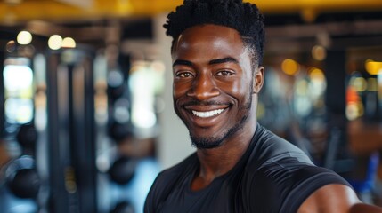Fototapeta premium Handsome sporty black African American man smiling in the gym, fitness trainer, sport, gym, bodybuilder