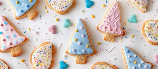 Top view of baby shower-themed cookies shaped like children's accessories and party hats on a white background with space for additional images.