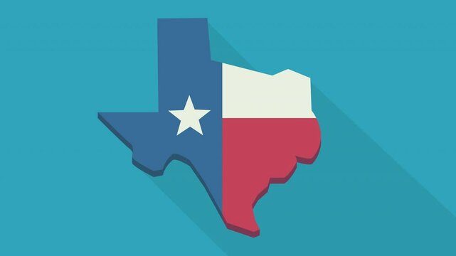 Animation of appearance and disappearance of the map of Texas in the colors of the Texan flag on a blue background with long shadow (flat design)