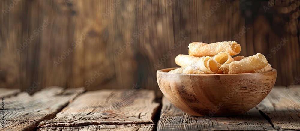 Leinwandbilder wooden table with a bowl of wafer rolls, perfect for adding text to the copy space image.