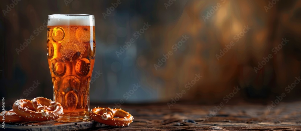 Poster a wheat beer in a glass paired with a classic snack, a salty pretzel, with a blank background for ad