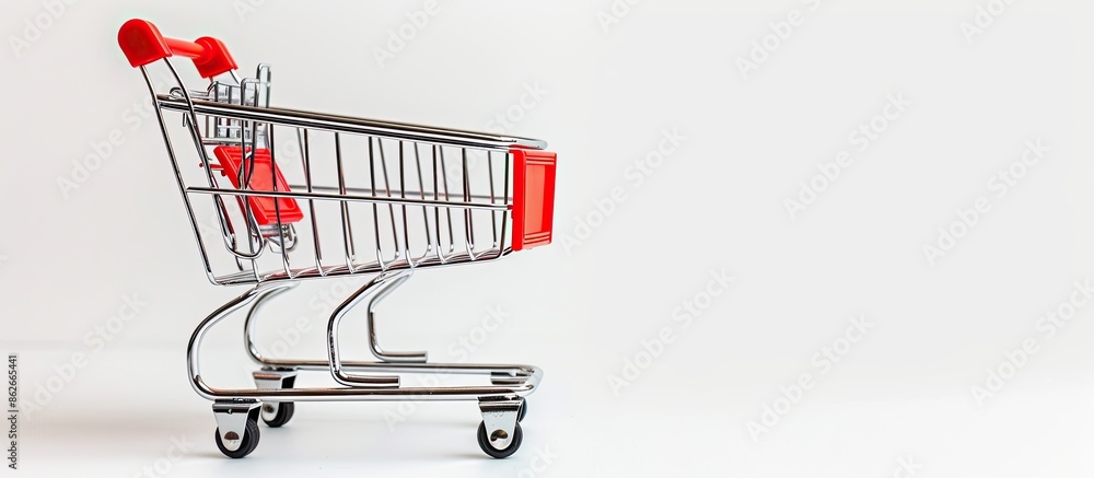 Aufkleber Shopping cart in red on a white backdrop with a copy space image available.