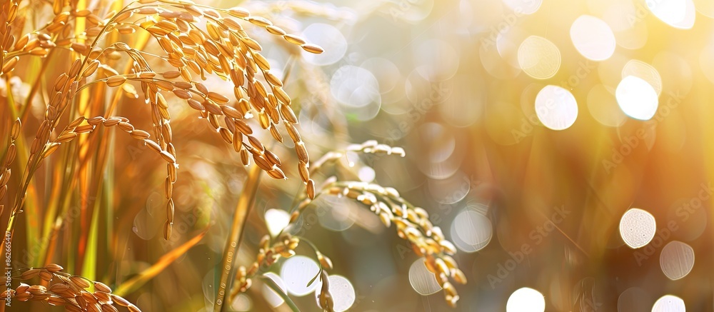 Poster blurry background with a focused sea lake golden spike of rice in a copy space image.