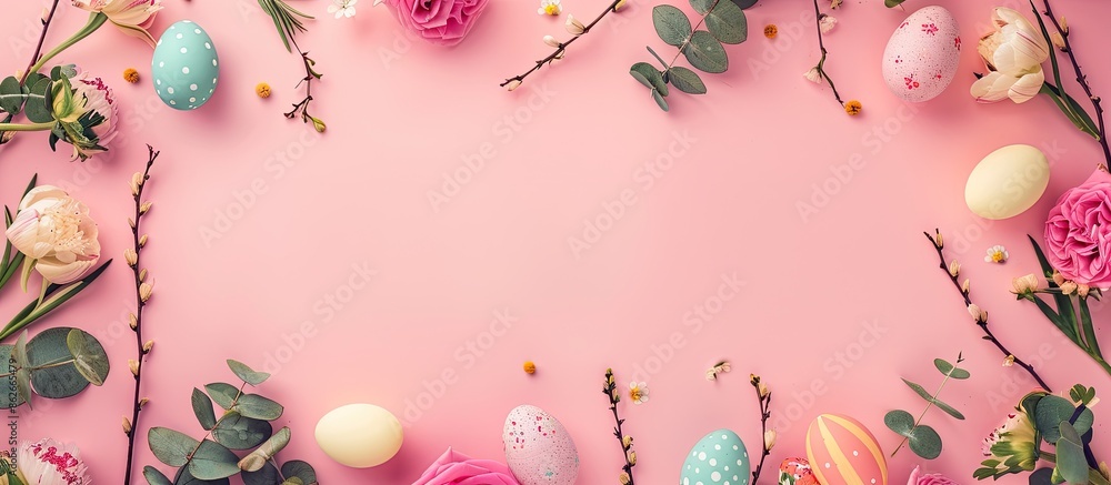 Poster vertical happy easter greeting card with a bright frame created with fresh flowers, eucalyptus twigs
