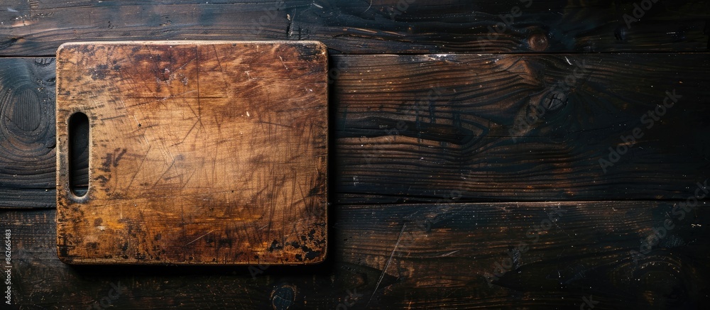 Poster view from above of an antique cutting board on a rustic dark wooden table with ample copy space imag