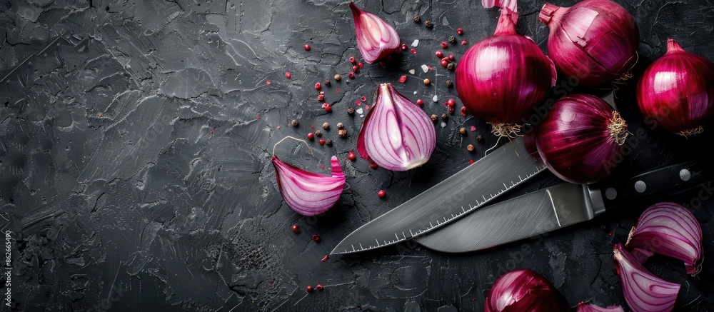 Aufkleber Red and sliced red onions with a knife on a black background in a flat lay style with room for text or other elements in the image. Copy space image. Place for adding text and design