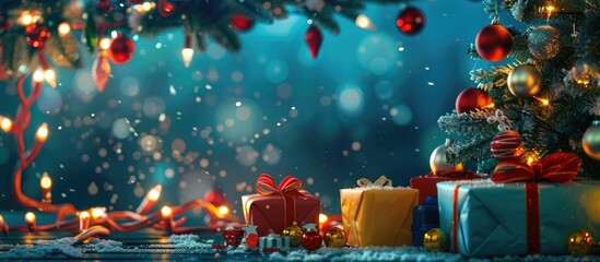 A festive Christmas scene with gifts beneath the tree, adorned with colorful garlands and toys, creating a joyful holiday atmosphere with a copy space image.