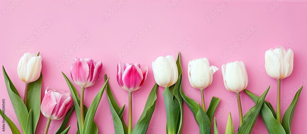 Aufkleber spring-themed greeting card with a beautiful arrangement of tulips framing the copy space image for 