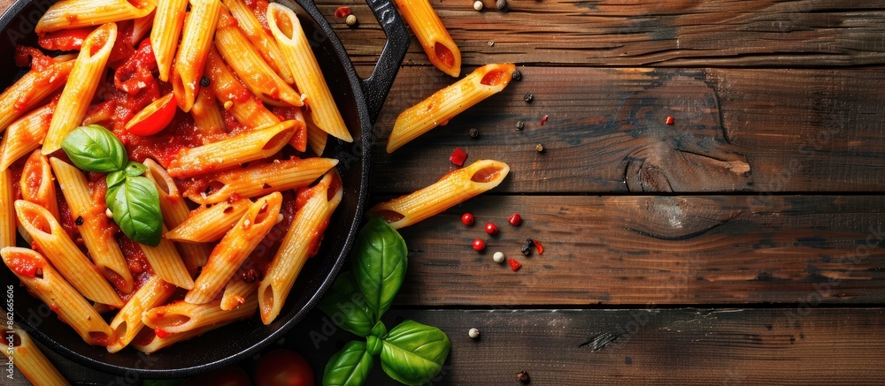 Poster top view of iron cast pan with pasta penne in tomato sauce and basil on a wooden table, providing am