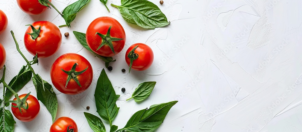 Poster fresh tomatoes with vibrant green leaves, creating a visually appealing copy space image on a white 