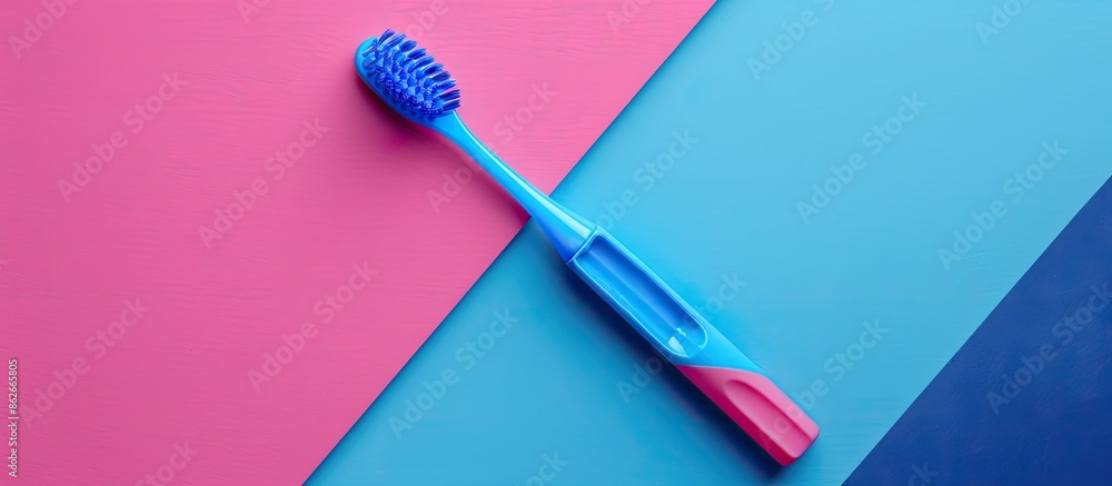 Poster Electric blue toothbrush displayed against a vibrant pink and blue geometric backdrop with empty space for text, illustrating an oral hygiene idea. Copy space image. Place for adding text and design