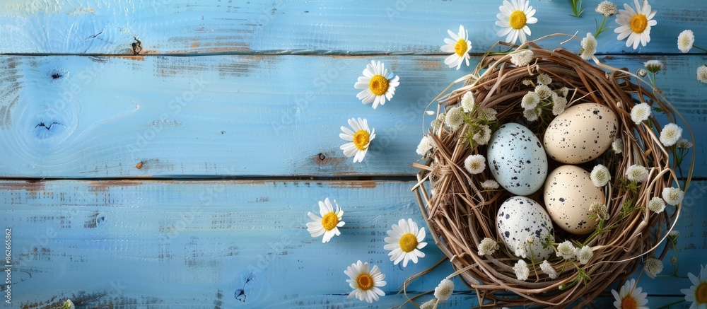 Aufkleber easter-themed scene with flower-adorned eggs in nest on blue wood backdrop. perfect for text. copy s