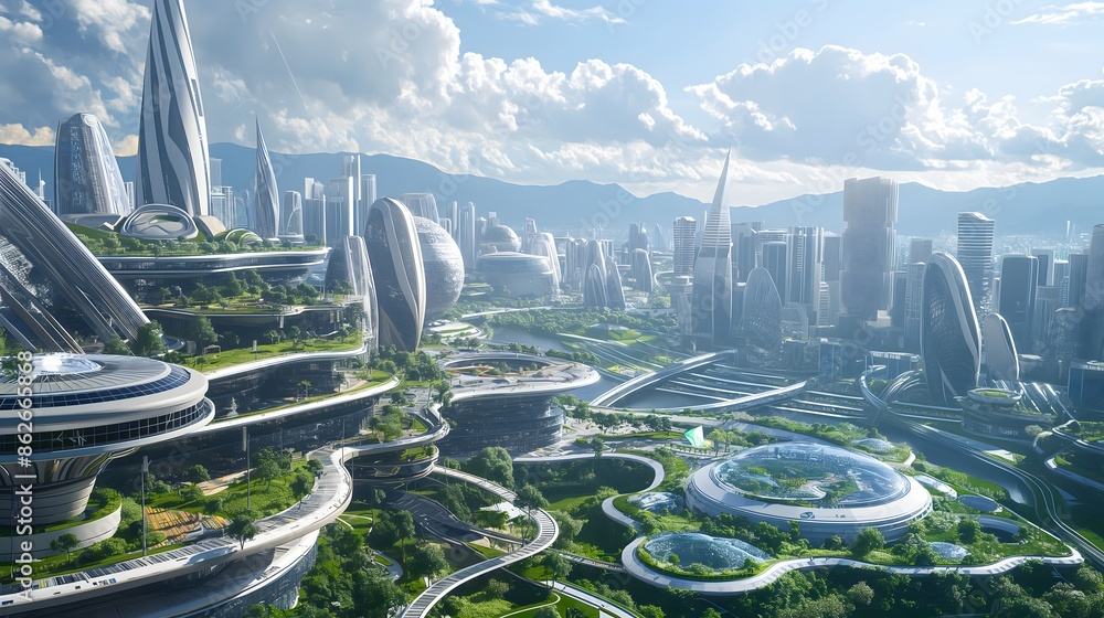 Poster 2. a futuristic cityscape generated by ai, featuring innovative architecture and advanced infrastruc