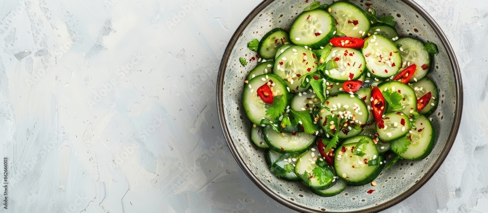 Poster Top view of a Chinese cucumber salad featuring chili peppers and sesame seeds against a plain background with copy space image.
